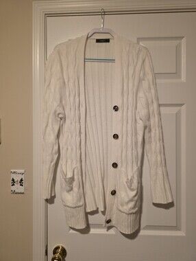 Open-Front Ivory Cable Knit Cardigan with Button Closure